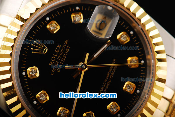 Rolex Datejust Swiss ETA 2836 Automatic Movement Black Dial with Diamond Markers and Gold Bezel-18K Gold Never Fade - Click Image to Close